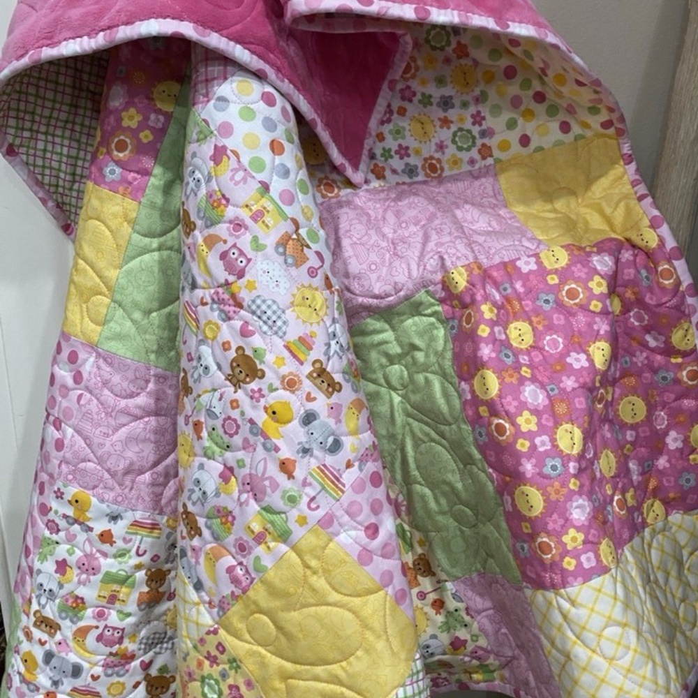 Baby Girl Quilt Blanket Handmade Toddler Child Kid Pink Yellow Minky Riley Blake